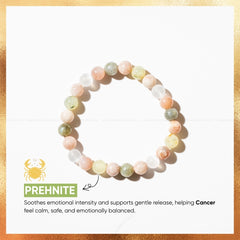 cancer zodiac bracelet on a white background with text about prehnite gemstones.