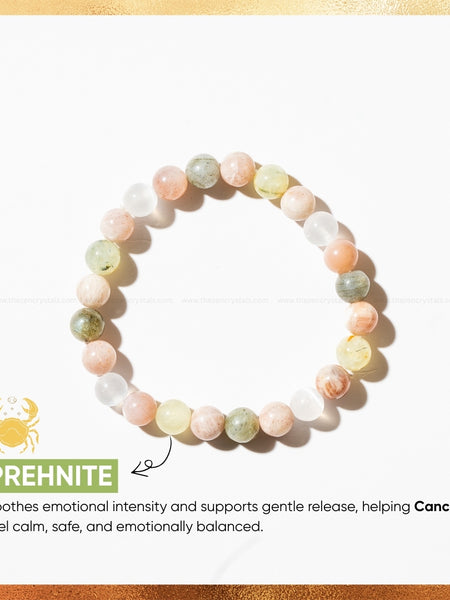 cancer zodiac bracelet on a white background with text about prehnite gemstones.