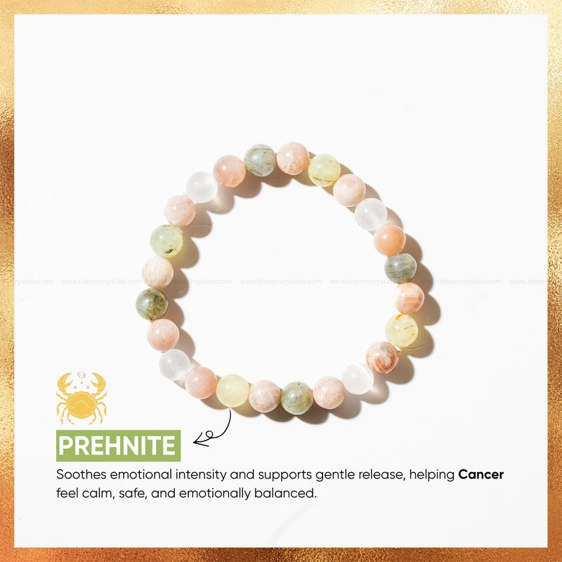 cancer zodiac bracelet on a white background with text about prehnite gemstones.
