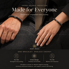 Shungite Bracelet worn on a wrist with promotional text about energy, balance, and protection.