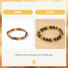 Two beaded bracelets labeled 'NEW' and 'OLD' on a gold and white background.