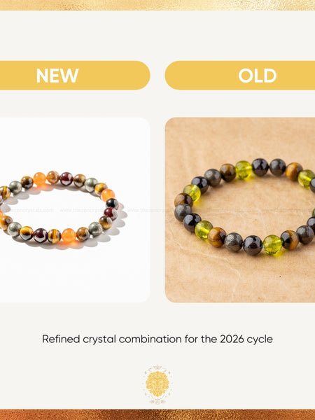 Two beaded bracelets labeled 'NEW' and 'OLD' on a gold and white background.