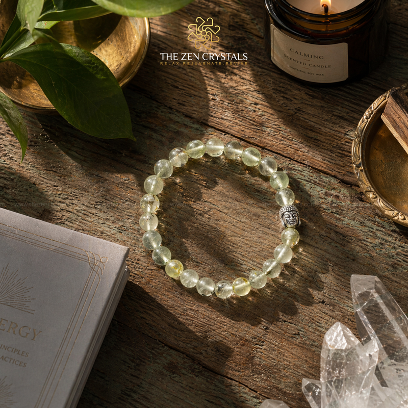 Prehnite bracelet on a wooden surface with crystals and a candle, featuring 'The Zen Crystals' brand.