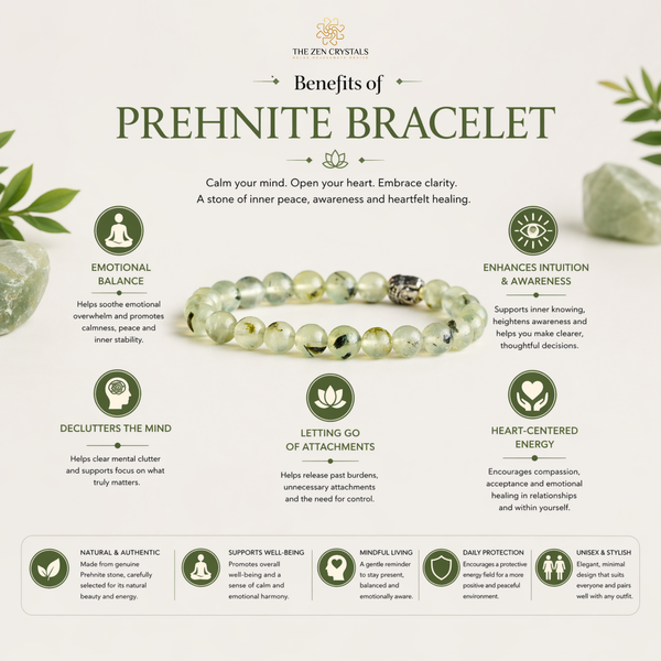 Infographic about the benefits of a prehnite bracelet from The Zen Crystals.