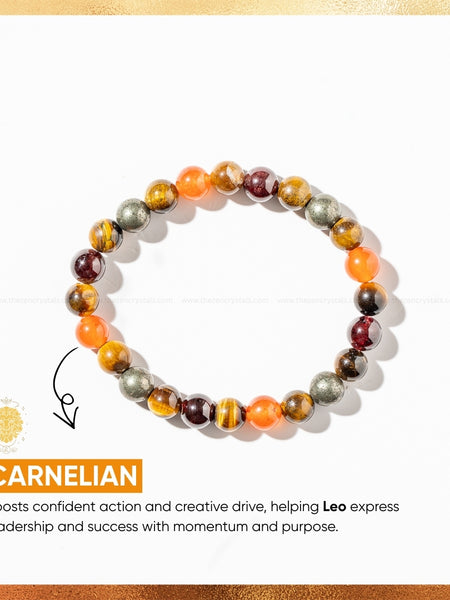leo zodiac bracelet on a white background with text about carnelian stones.