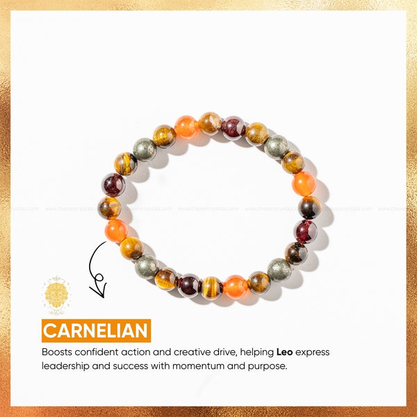 leo zodiac bracelet on a white background with text about carnelian stones.