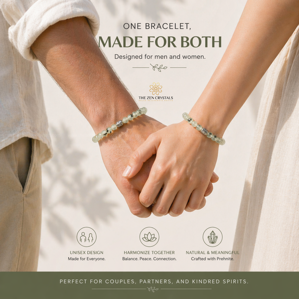 Two people holding hands wearing prehnite bracelets with product description text overlay.