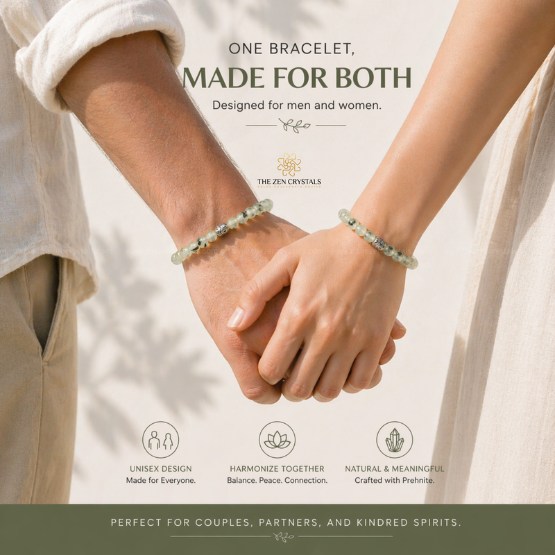 Two people holding hands wearing prehnite bracelets with product description text overlay.