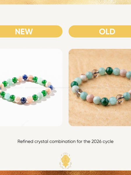 Two beaded bracelets on a beige background with 'NEW' and 'OLD' labels.