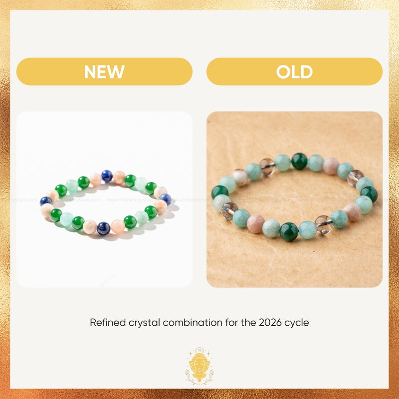 Two beaded bracelets on a beige background with 'NEW' and 'OLD' labels.