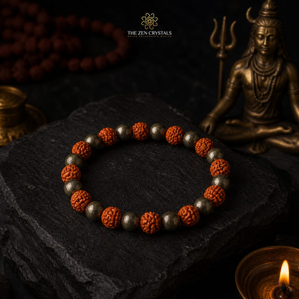rudraksha and pyrite Bracelet on a dark surface with a statue and candle in the background.