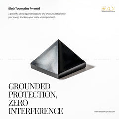 Black tourmaline pyramid with promotional text on a white background
