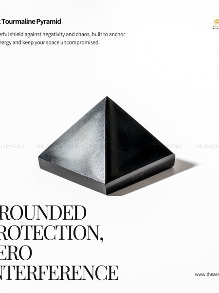Black tourmaline pyramid with promotional text on a white background