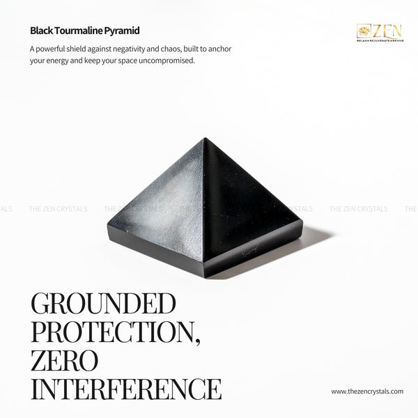 Black tourmaline pyramid with promotional text on a white background