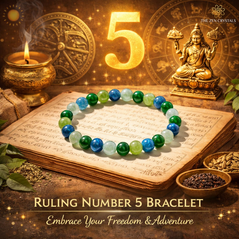 Colorful beaded bracelet on an open book with a number 5, candles, and a statue in the background.