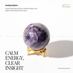 Amethyst sphere on a gold stand with text about its properties and benefits.