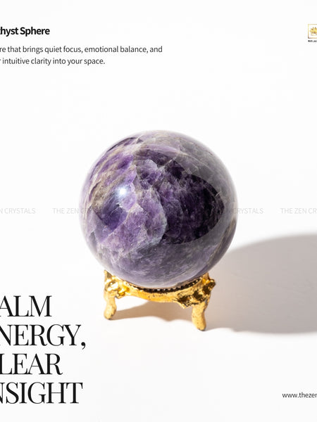 Amethyst sphere on a gold stand with text about its properties and benefits.