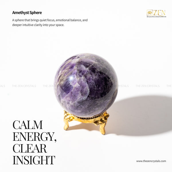 Amethyst sphere on a gold stand with text about its properties and benefits.