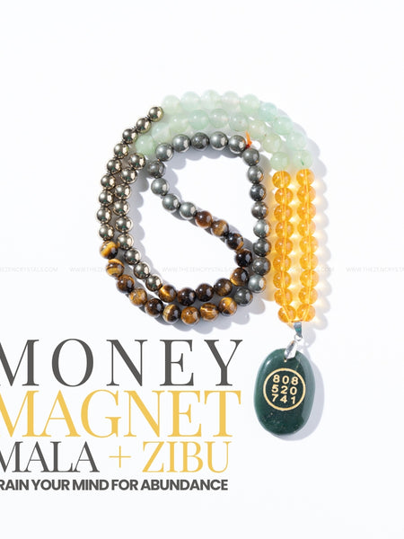 Money magnet mala with Citrine, Pyrite, Tiger’s Eye, Green Aventurine and Zibu Coin