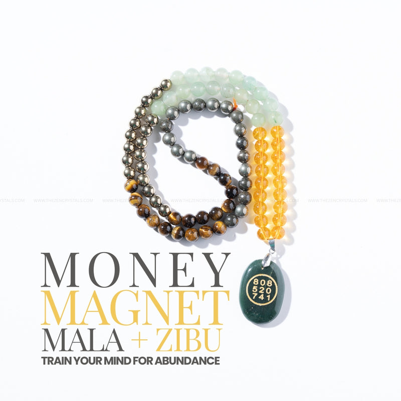 Money magnet mala with Citrine, Pyrite, Tiger’s Eye, Green Aventurine and Zibu Coin