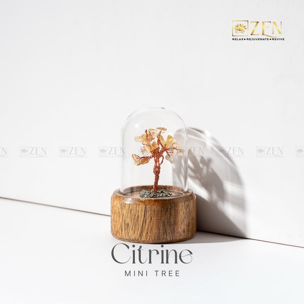 Citrine mini tree in a glass dome on a white surface with 'Zen' brand logo.
