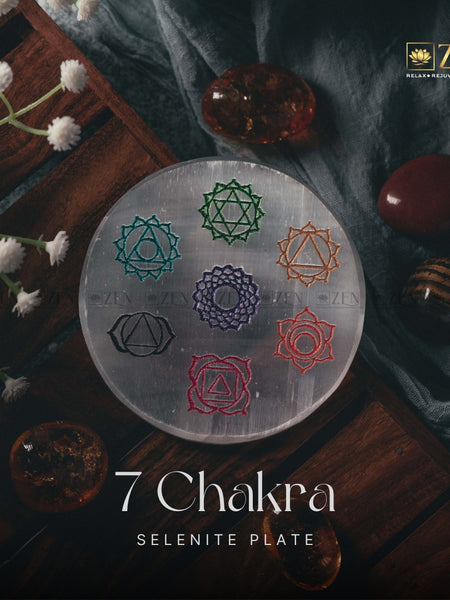 Selenite Plate with 7 Chakra Symbol | The Zen Crystals