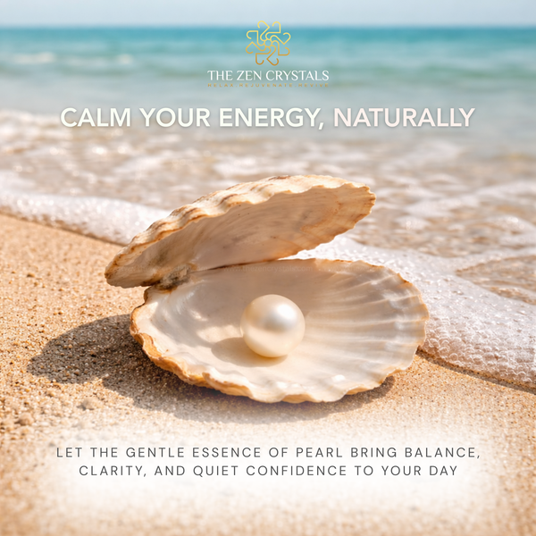 Open shell with a south sea pearl on a beach, featuring The Zen Crystals logo and text.