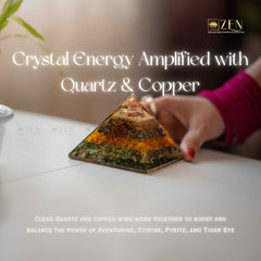 Crystal money magnet pyramid with hand touching it, text about crystal energy amplification, and ZEN brand logo.