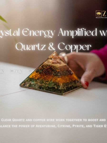 Crystal money magnet pyramid with hand touching it, text about crystal energy amplification, and ZEN brand logo.