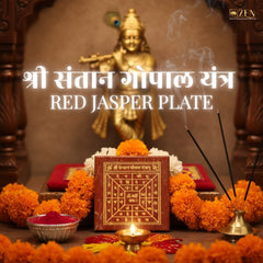 Shree Santan Gopal (श्री संतान गोपाल यंत्र) Red Jasper Plate with religious statue, flowers, and incense in a ceremonial setting.