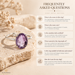 An informational product graphic for a ring by The Zen Crystals, titled 'FREQUENTLY ASKED QUESTIONS'. The ring features a large faceted oval-cut amethyst stone set in a silver band, resting on a textured white stone.