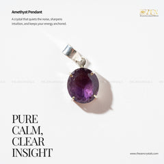 Amethyst pendant with silver setting on a white background, featuring text about its properties.