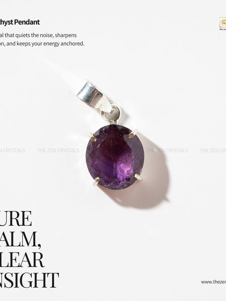 Amethyst pendant with silver setting on a white background, featuring text about its properties.