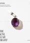 Amethyst pendant with silver setting on a white background, featuring text about its properties.