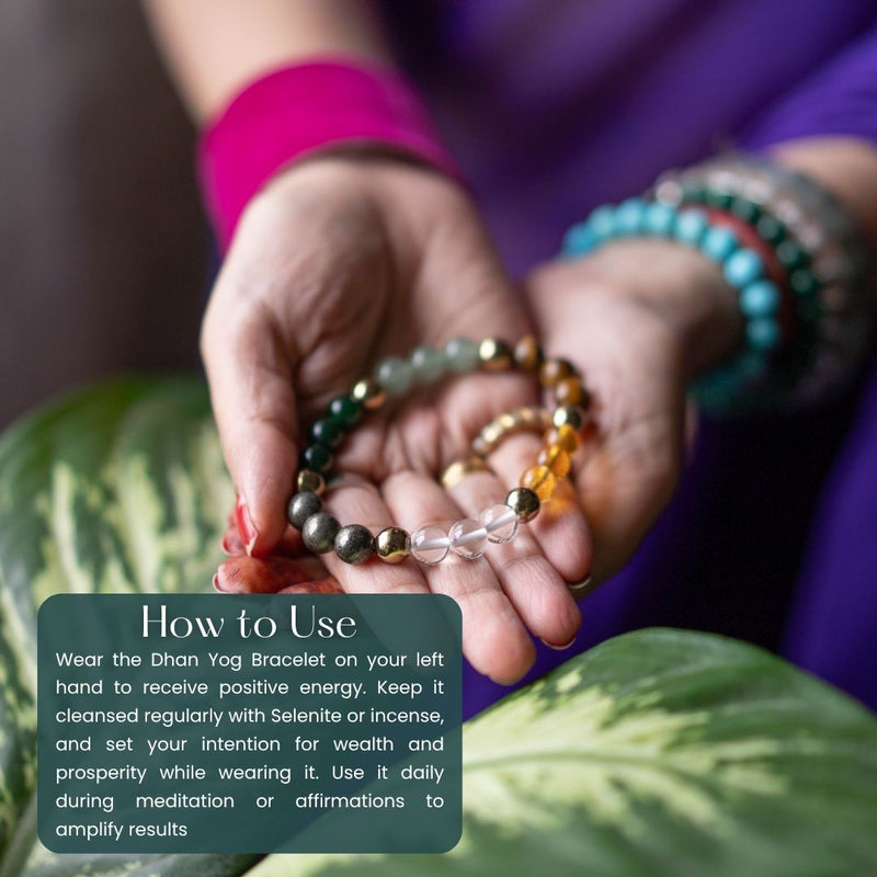 Hands holding a Dhan Yog Bracelet with instructional text overlay on a leafy background