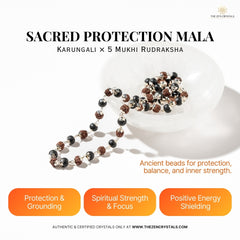 karungali and rudraksha mala with beads and a bowl on a white background, featuring text about its benefits.