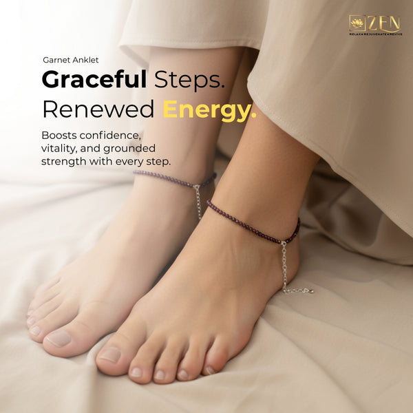Woman wearing a Garnet Anklet on her feet, showcasing confidence, vitality, and elegant everyday wear.