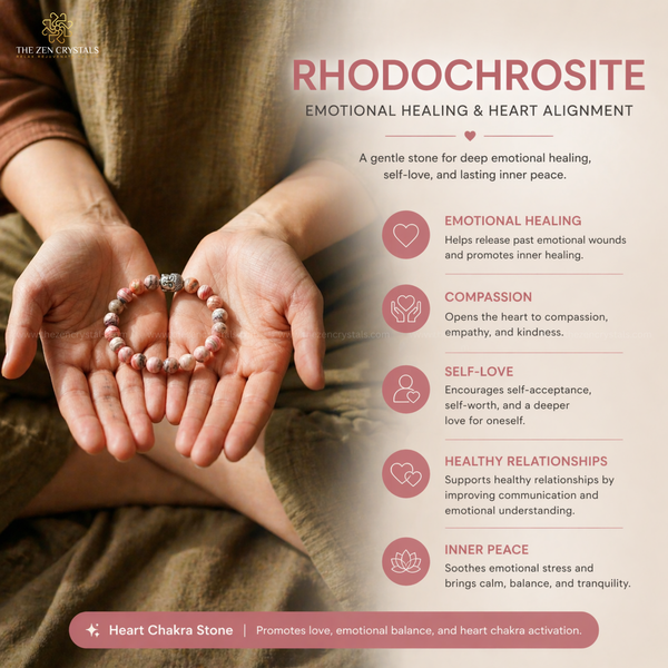 Hands holding a rhodochrosite bracelet with information on emotional healing and heart alignment.