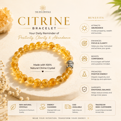 Citrine bracelet with benefits and product details on a light background