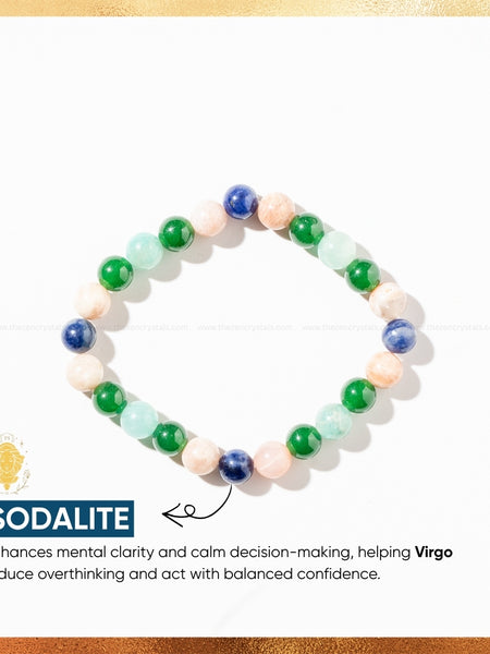 virgo zodiac bracelet with sodalite stones on a white background, labeled for astrological benefits.