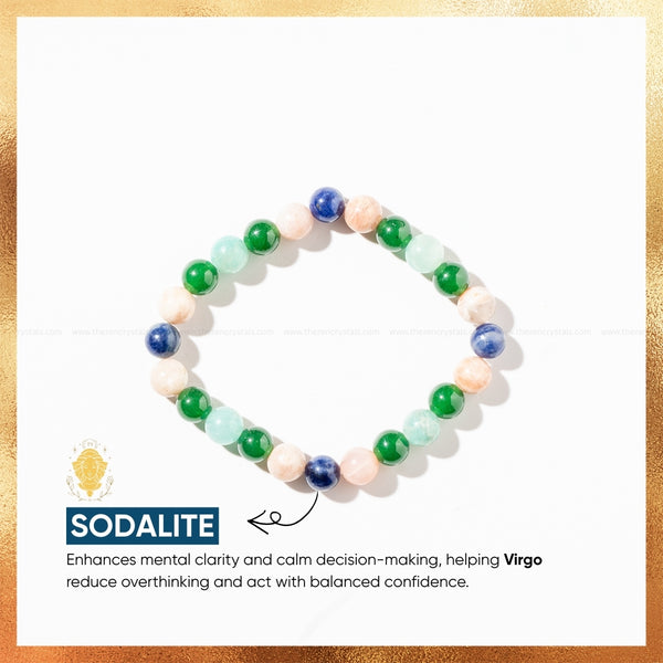 virgo zodiac bracelet with sodalite stones on a white background, labeled for astrological benefits.