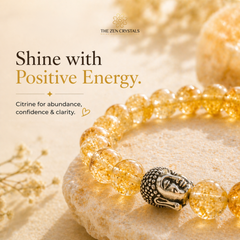 Citrine bracelet with Buddha charm on a stone surface, featuring The Zen Crystals branding.
