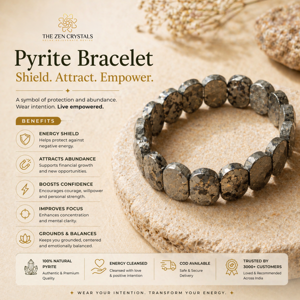 Pyrite flat bead bracelet with benefits listed on a beige background