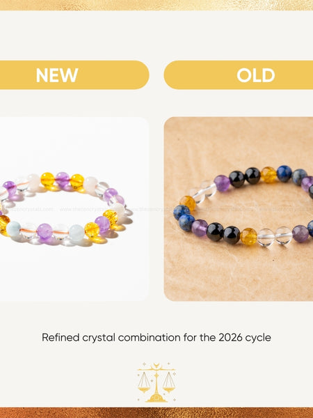 Two beaded bracelets labeled 'NEW' and 'OLD' on a gold and white background.