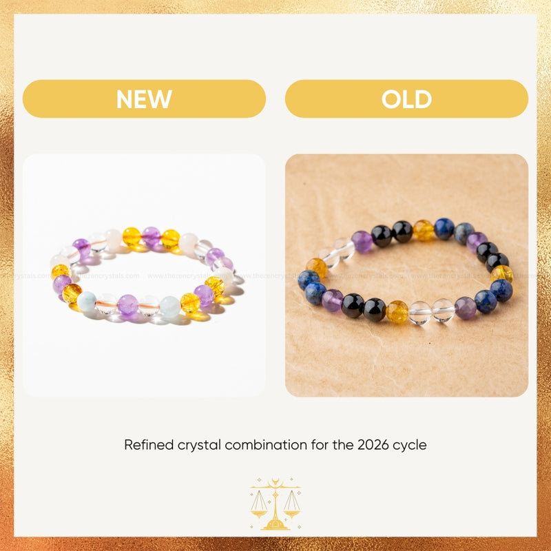 Two beaded bracelets labeled 'NEW' and 'OLD' on a gold and white background.