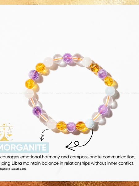 libra zodiac bracelet with text about morganite on a white background