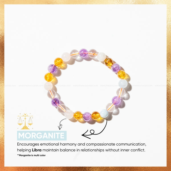 libra zodiac bracelet with text about morganite on a white background