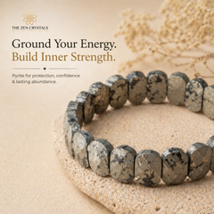 Pyrite flat bead bracelet on sand with text about energy and inner strength, branded 'The Zen Crystals'.