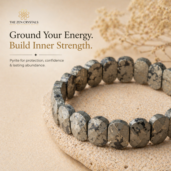 Pyrite flat bead bracelet on sand with text about energy and inner strength, branded 'The Zen Crystals'.