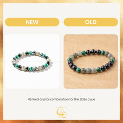 Two beaded bracelets labeled 'NEW' and 'OLD' on a gold and white background.